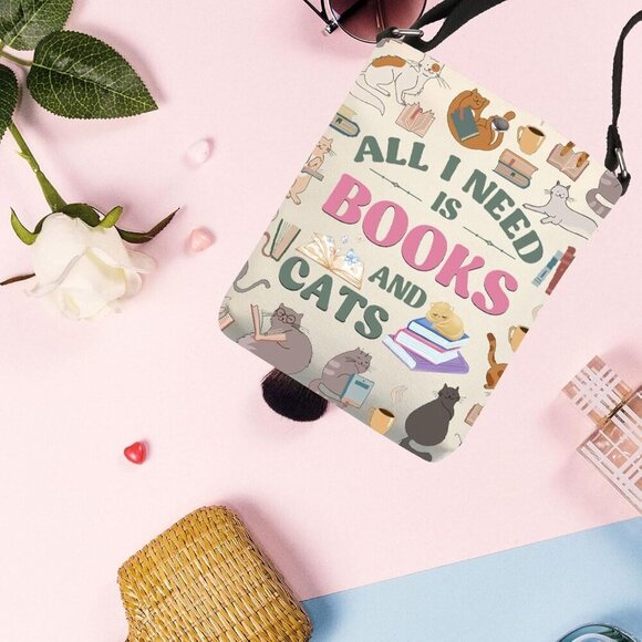 Books And Cats Crossbody Bag Waterproof Polyester Adjustable Shoulder - Picture 7 of 7